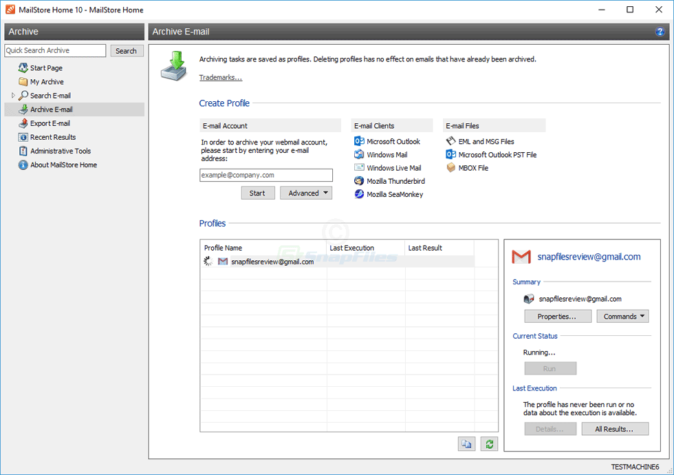 screenshot of MailStore Home