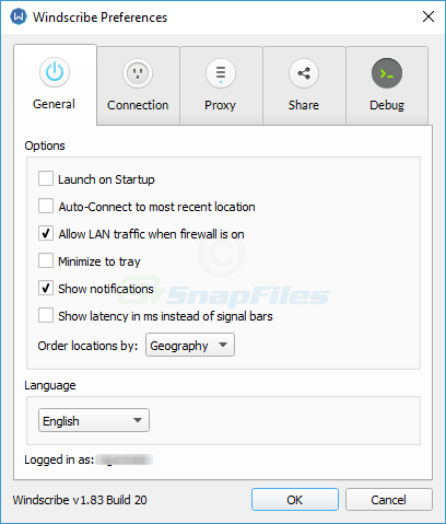 screenshot of Windscribe